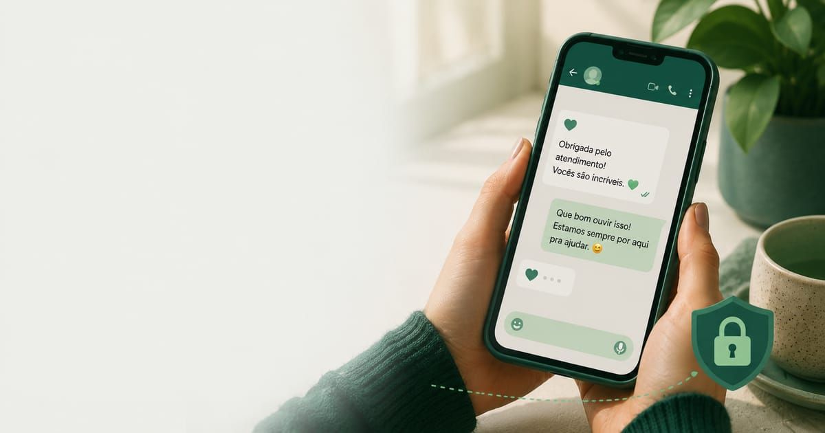 A WhatsApp customer chat with a subtle shield and lock motif suggesting data care and trust.