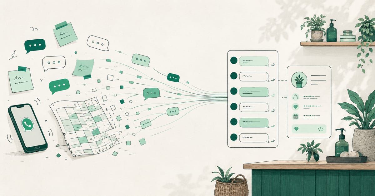 Scattered WhatsApp chats and a spreadsheet coming together into a single customer inbox.