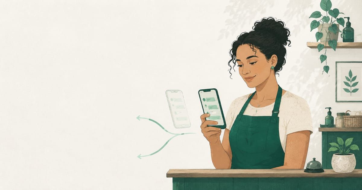 A small-business owner holding a phone with a WhatsApp chat open, suggesting the choice between the WhatsApp Business app and the API.
