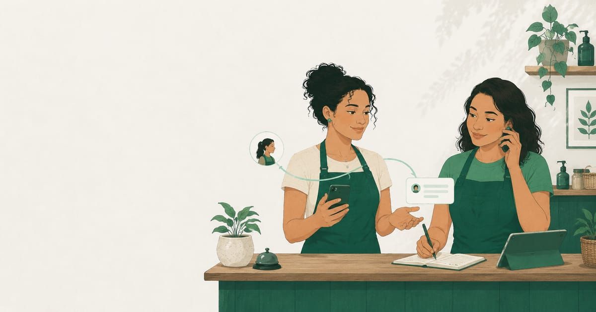 Two coworkers at a counter passing an ongoing customer conversation between them, with the history coming along.